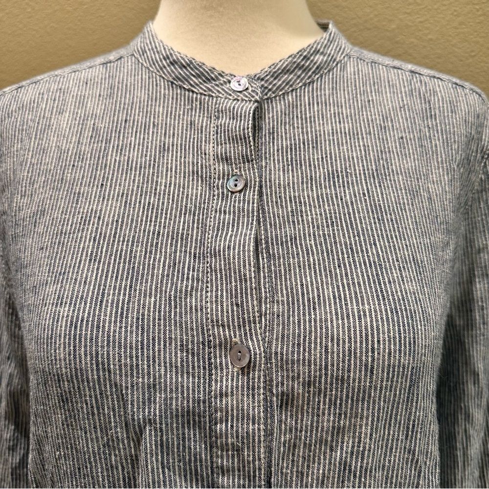 Button-Up Shirt Eileen Fisher Navy Striped Organic Cotton Hemp Mandarin Collar - Picture 7 of 15
